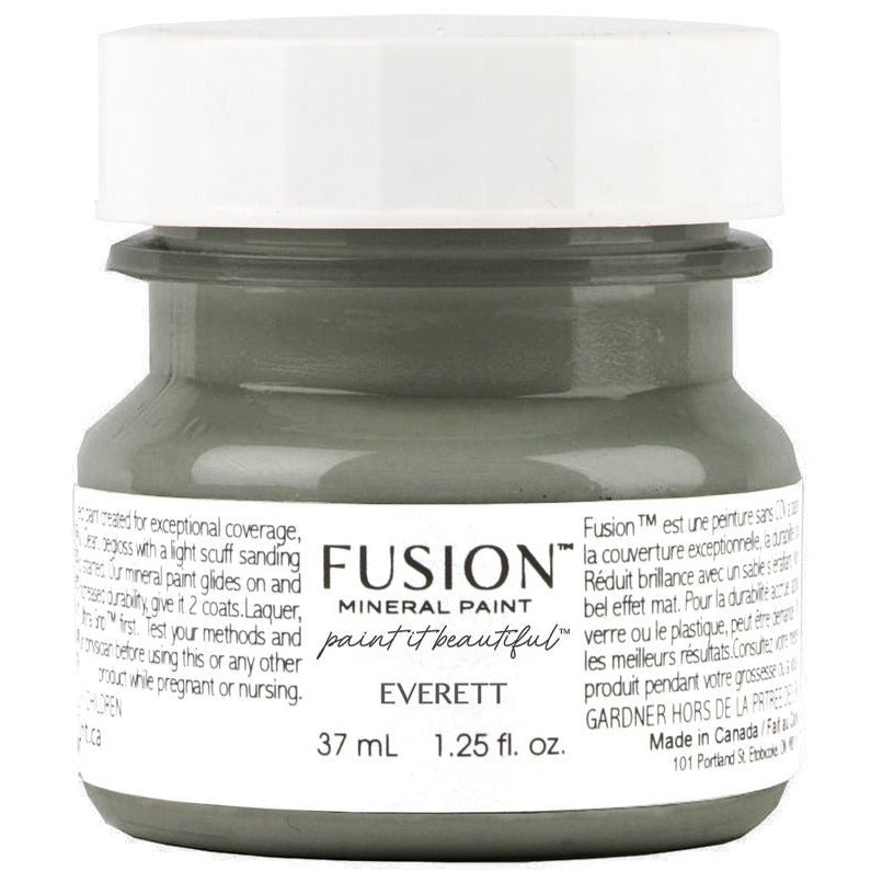 37 mL Fusion Mineral Paint Everett, gray label, black lid, all-in-one acrylic.