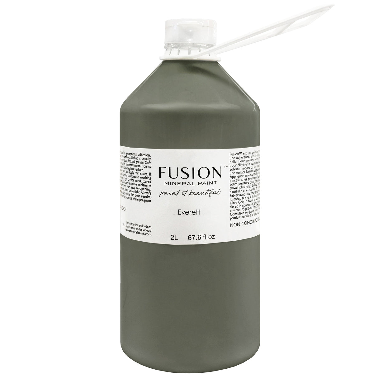 2L Fusion Mineral Paint Everett all-in-one acrylic in olive green with white cap and stir stick included.