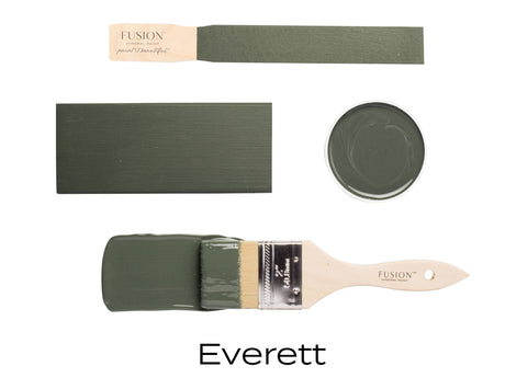 Four Everett Fusion Mineral Paint olive green all-in-one samples with brush, swatch, and open can visible.