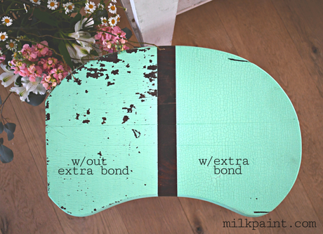 Two wood pieces: left chipped, right smooth, labeled Extra Bond by Sweet Pickins Old Fashioned Milk Paint.