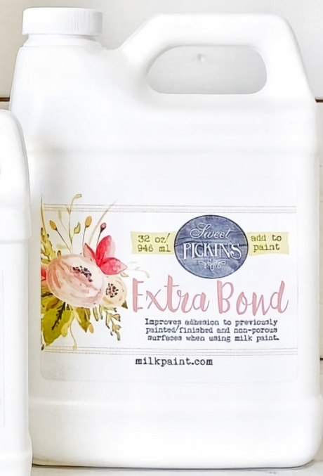 Extra Bond by Sweet Pickins Old Fashioned Milk Paint with label noting adhesion boost and mixing instructions.