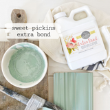 Brush, green paint sample, and Old Fashioned Milk Paint Extra Bond bottle on white background.