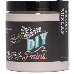 Faded Burlap by DIY Paint Co., eco-friendly clay and chalk paint, black label with colorful text, for furniture.