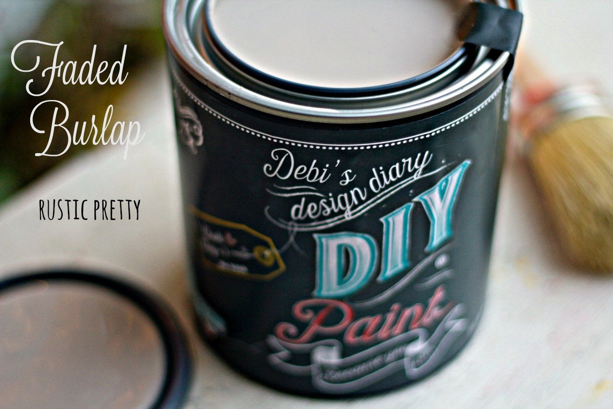 Open Faded Burlap DIY Paint by DIY Paint Co. with brush and lid.