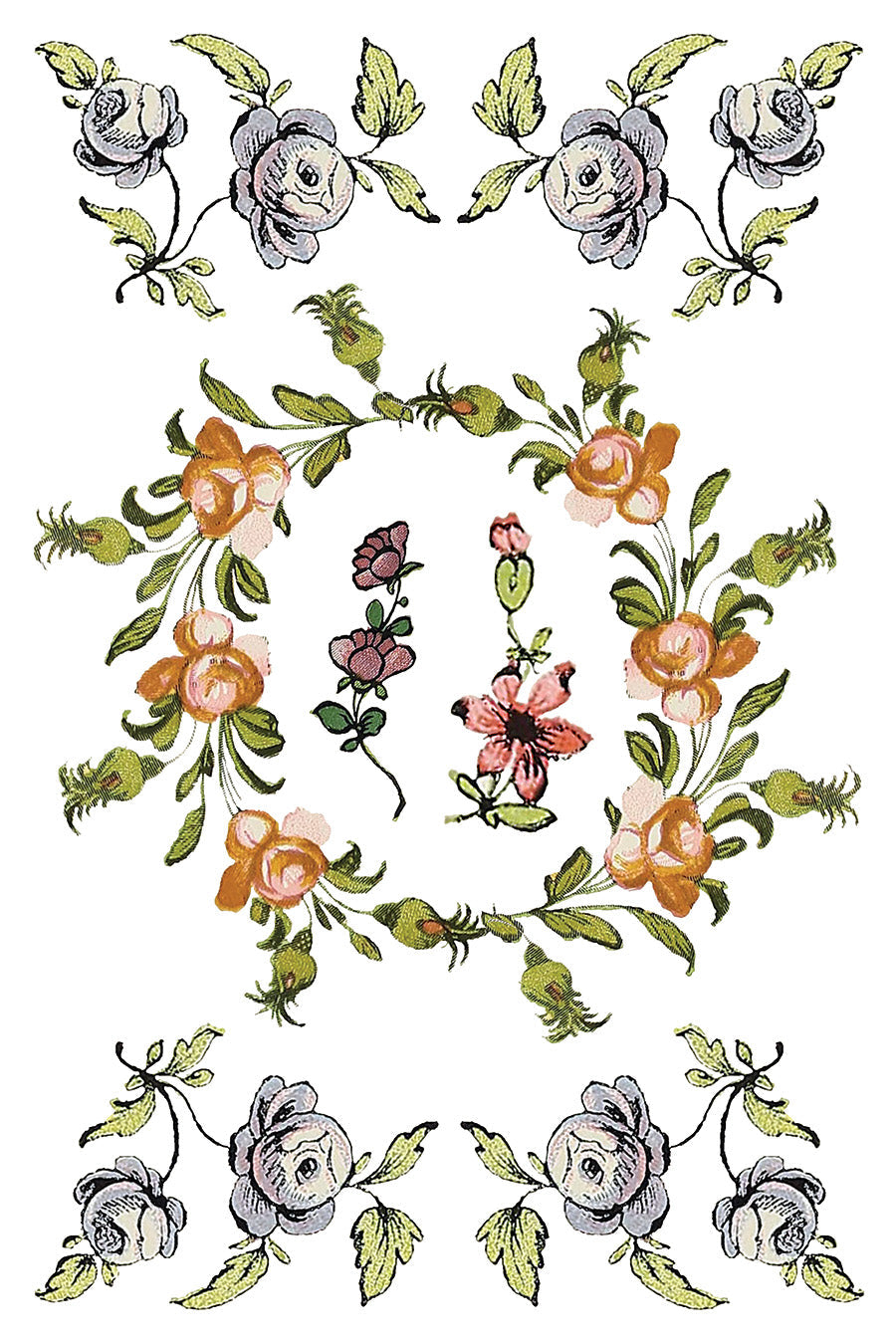 Fairytale Florals Transfer by I.O.D. with embroidered floral patterns for decor and furniture projects.