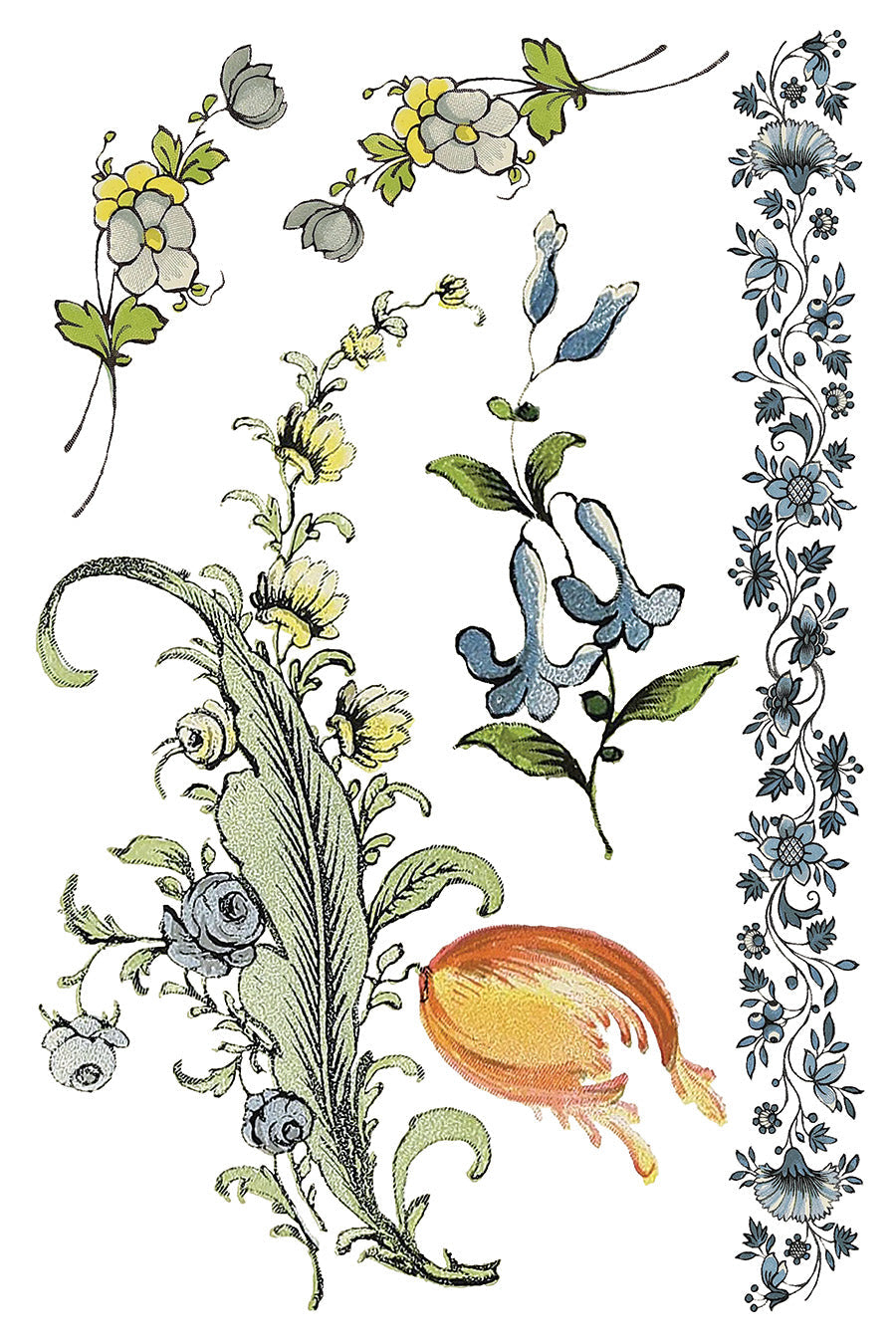I.O.D. Fairytale Florals Transfer by Iron Orchid Designs, set of five floral designs for decor or upcycling projects.