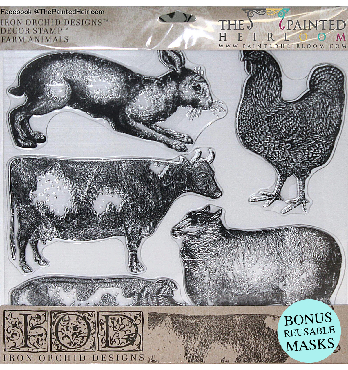 Farm Animals Stamp by IOD featuring five vintage animal designs with masks, from I.O.D.