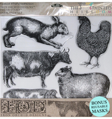 Farm Animals Stamp by IOD featuring five vintage animal designs with masks, from I.O.D.