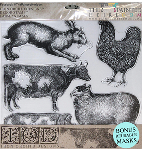 Farm Animals Stamp by IOD featuring five vintage animal designs with masks, from I.O.D.