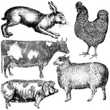 Black and white farm animal illustrations for I.O.D. Farm Animals Stamp by Iron Orchid Designs projects.