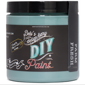 DIY Paint Co. Farm Fresh clay and chalk paint container with black label, white and teal text.
