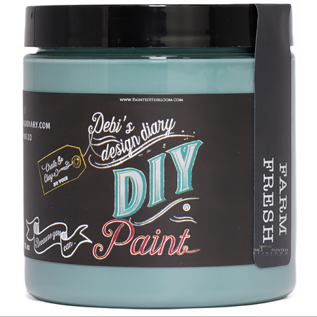 DIY Paint Co. Farm Fresh clay and chalk paint container with black label, white and teal text.