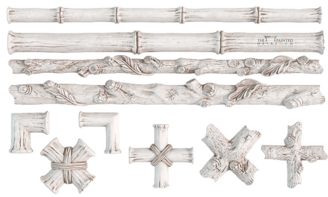 Eight white I.O.D. Faux Bois Moulds with wood and bamboo texture, retired furniture decorative accents.