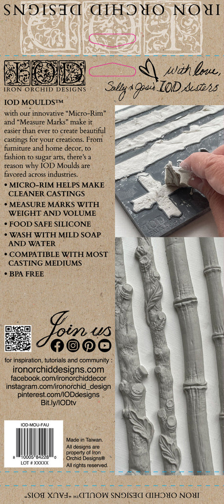 Faux Bois Mould (Retired) by I.O.D. with visible product info, care tips, and clay-pressing examples on packaging.