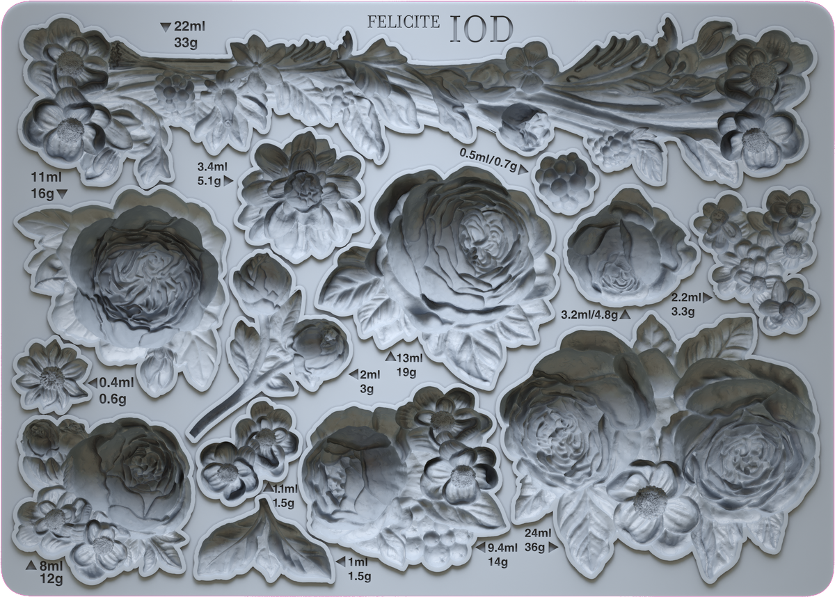 Felicite Mould by IOD with raised floral designs and labeled measurements beside each heritage rose shape.
