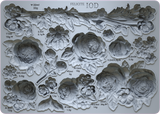 Felicite Mould by IOD with raised floral designs and labeled measurements beside each heritage rose shape.