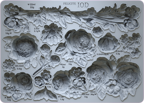 Felicite Mould by IOD with raised floral designs and labeled measurements beside each heritage rose shape.