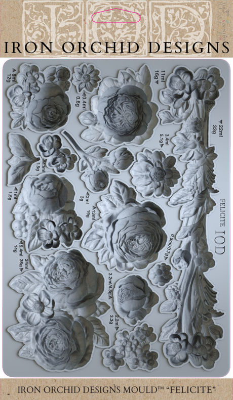 IOD Felicite gray silicone mould with heritage rose patterns, labeled by I.O.D. for size and weight.
