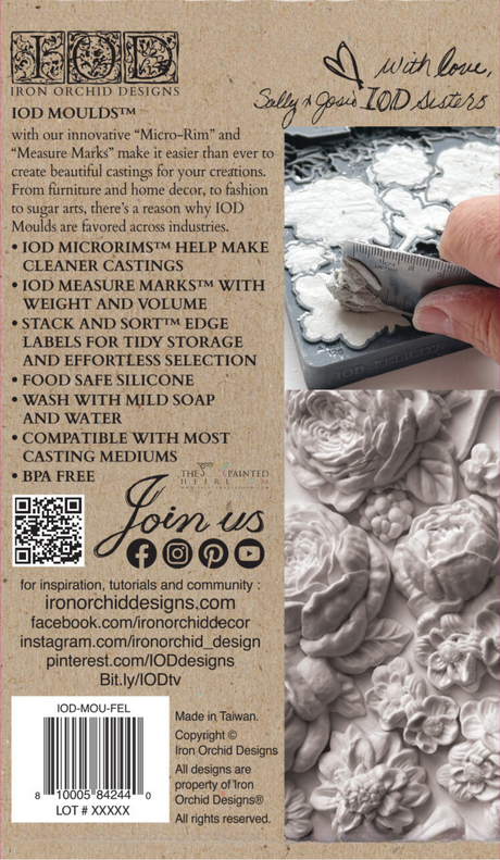 Back of I.O.D. Felicite Mould packaging showing product info, usage, contact details, and heritage rose mould image.