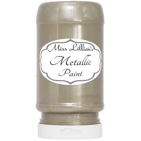 Miss Lillian’s Paint Fern Metallic, shimmering acrylic paint for furniture restoration and updates.