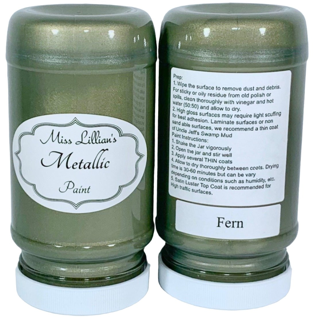 Two jars of Miss Lillian’s Fern Metallic Paint with front labels and instruction text visible.