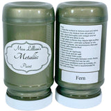 Two jars of Miss Lillian’s Fern Metallic Paint with front labels and instruction text visible.