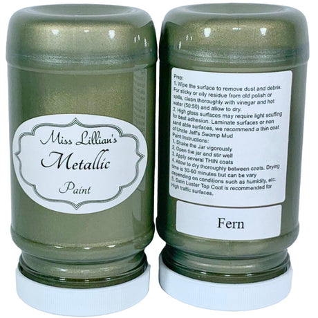 Two jars of Miss Lillian’s Fern Metallic Paint with front labels and instruction text visible.