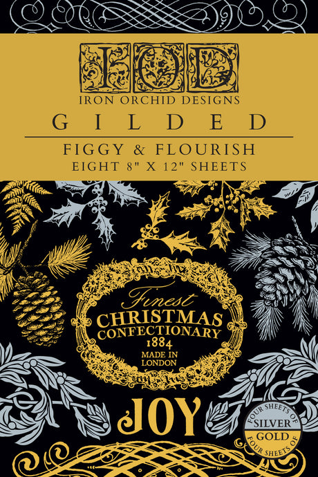 I.O.D. Figgy & Flourish Gilded Transfer packaging with gold, silver, pinecones, foliage, and “JOY” text.