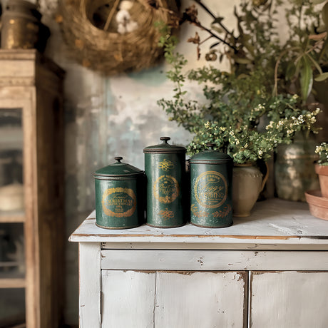 Three Figgy & Flourish Gilded Transfer canisters by I.O.D. displayed together on a cabinet.