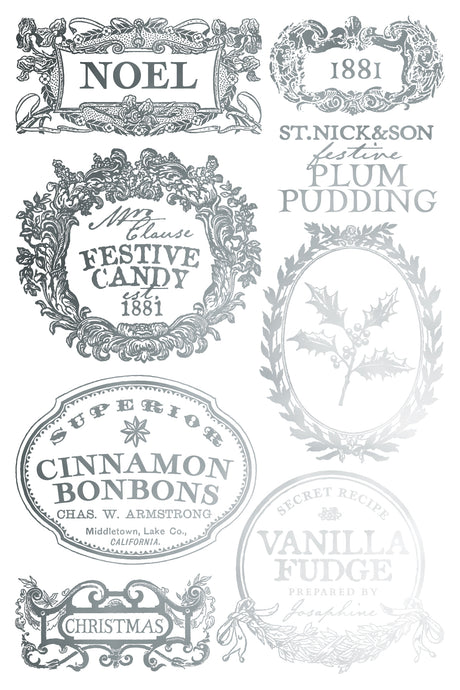 Eight vintage holiday dessert labels from I.O.D. 2025 Figgy & Flourish Gilded Transfer for festive decorating projects.