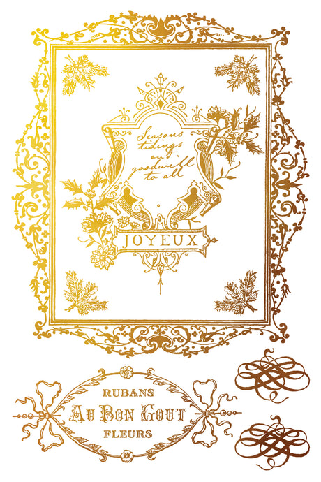 Figgy & Flourish Gilded Transfer by I.O.D.: gold vintage frame, florals, Joyeux banner, and décor on white background.