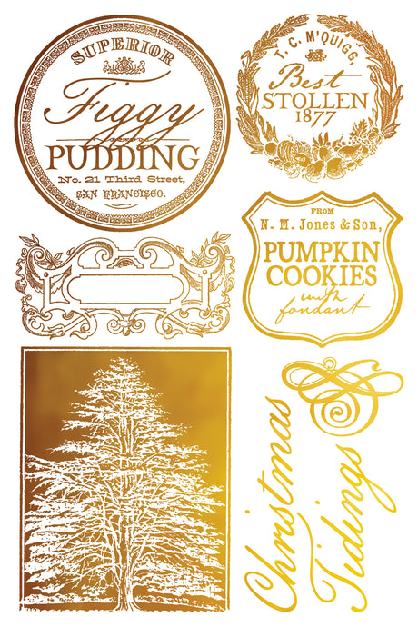 Six Figgy & Flourish Gilded Transfers by I.O.D. (2025) designed for holiday décor and gift embellishment.