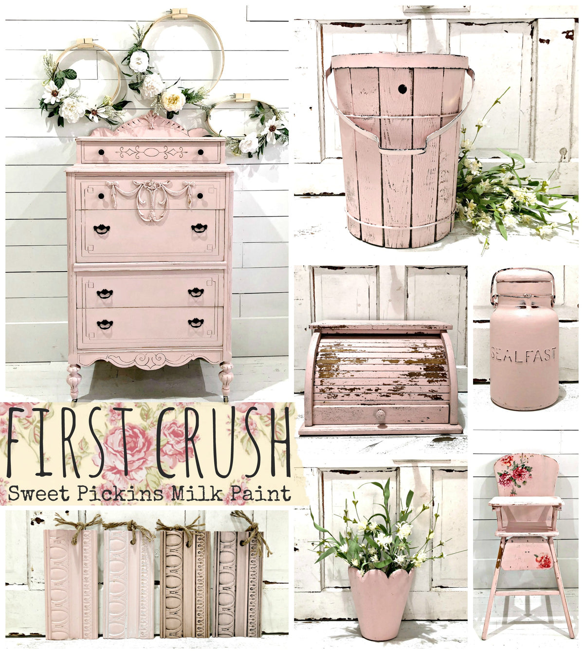 Old Fashioned Milk Paint First Crush, soft pink non-toxic paint for vintage furniture and decor projects.