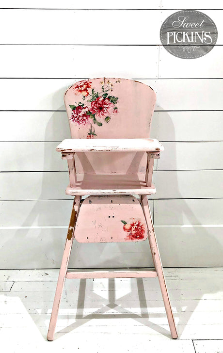 Pink wooden high chair painted with Old Fashioned Milk Paint in First Crush color.