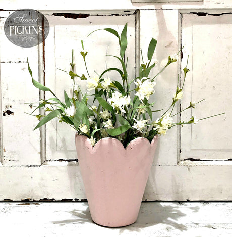 Pink vase painted with Old Fashioned Milk Paint’s First Crush, holding white flowers.