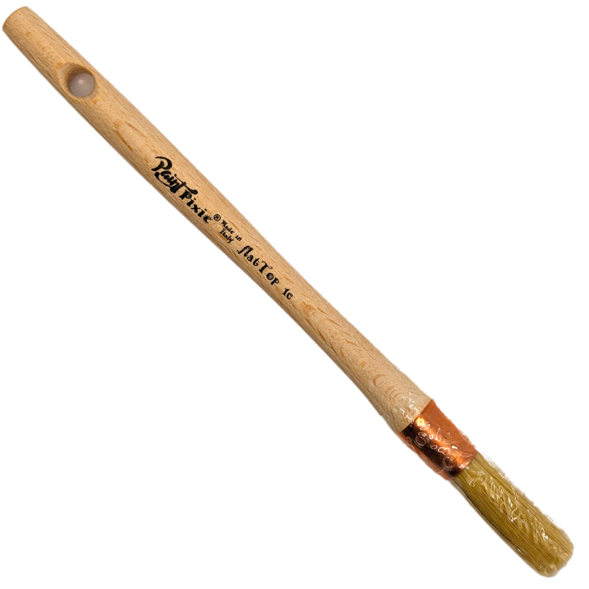 Paint Pixie Flat Top 1C brush with flat-top bristles, wooden handle, and hole at the end.