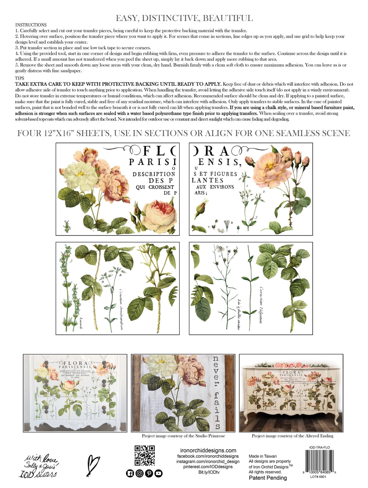 Flora Parisiensis Decor Transfer by I.O.D. with four rose design sheets for furniture projects.