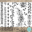 Black floral and vine patterns made with Flora & Vine Stamp by IOD, featuring decorative, natural motifs.