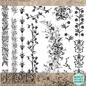 Black floral and vine patterns made with Flora & Vine Stamp by IOD, featuring decorative, natural motifs.