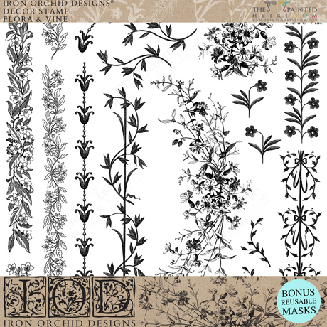 Black floral and vine patterns made with Flora & Vine Stamp by IOD, featuring decorative, natural motifs.