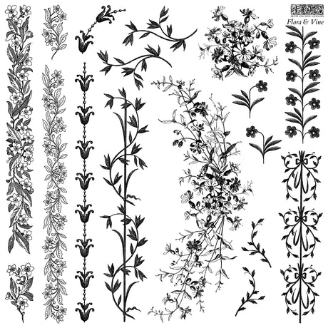 Flora & Vine Stamp by IOD featuring botanical black and white floral and vine designs.