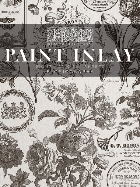 Black and white Parisian floral labels with IOD Floriography Paint Inlay overlay by Iron Orchid Designs, IOD Retired.