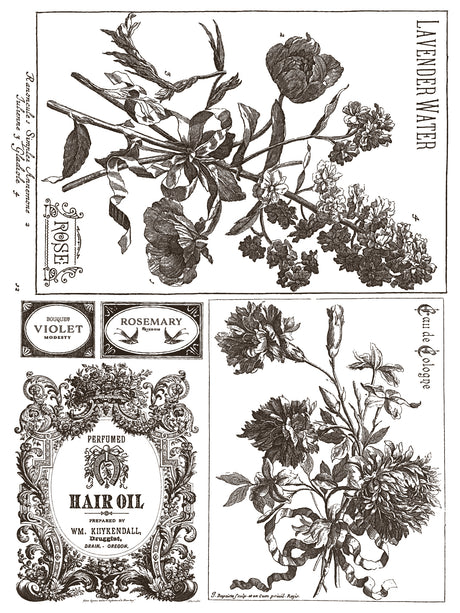 Floriography Paint Inlay by IOD Retired with floral, herb, and ornate monochrome designs inspired by Parisian labels.