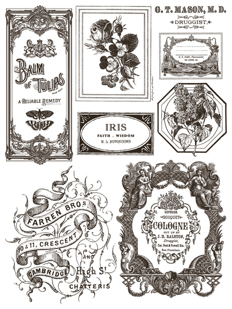 Floriography Paint Inlay by IOD Retired featuring ornate vintage Parisian labels with floral and decorative designs.