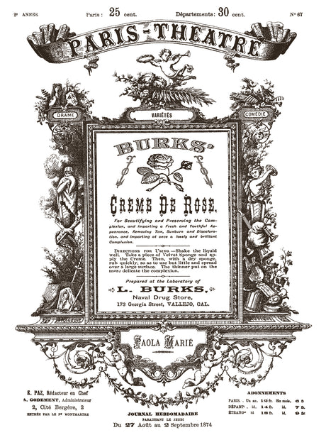 Floriography Paint Inlay by IOD Retired, vintage Parisian labels, 1874 Paris Theatre featured design.