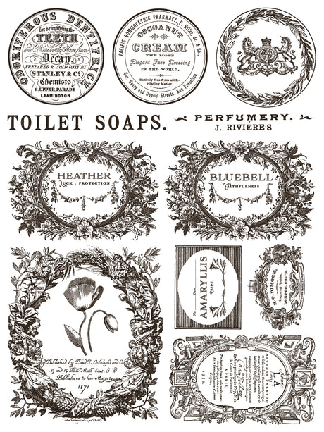 Floriography Paint Inlay by IOD Retired featuring vintage Parisian labels with ornate floral borders for soap and perfume.