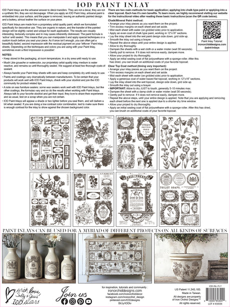 Instruction sheet for IOD Retired Floriography Paint Inlay with usage tips and Parisian labels inspiration.
