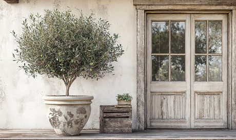 Potted tree, plant, and rustic door with Parisian labels and IOD Retired Floriography Paint Inlay accents.