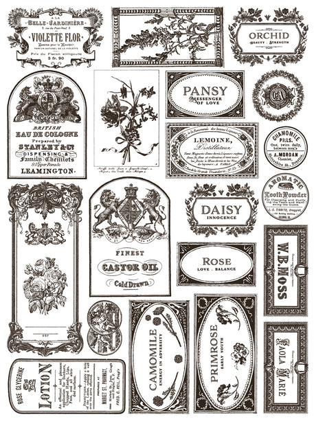 IOD Retired Floriography Paint Inlay, vintage Parisian label and floral design with ornate borders by Iron Orchid Designs.
