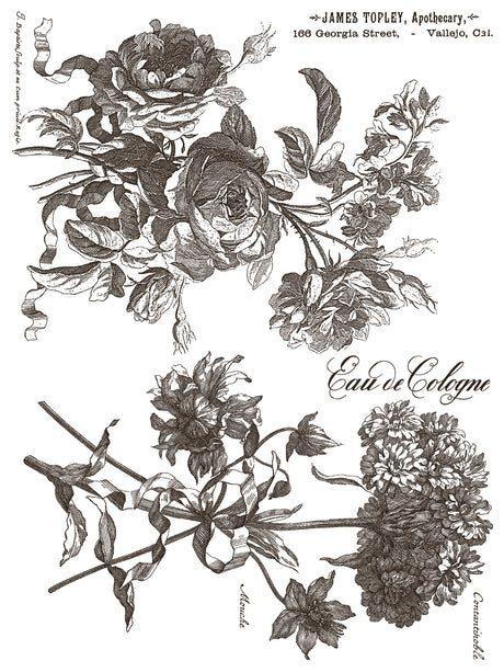 Black and white floral art with handwritten text, Parisian labels, and Floriography Paint Inlay by IOD Retired.